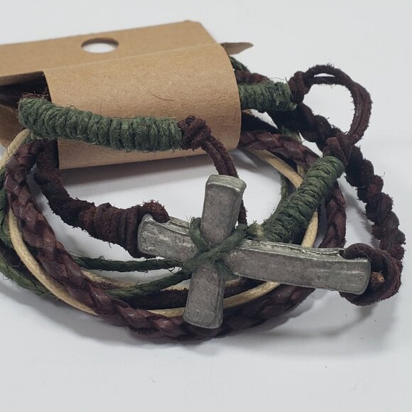 Art Of Homage Men's Black Cross Leather Spiritual Bold Modern Layered Bracelets - Picture 3 of 5